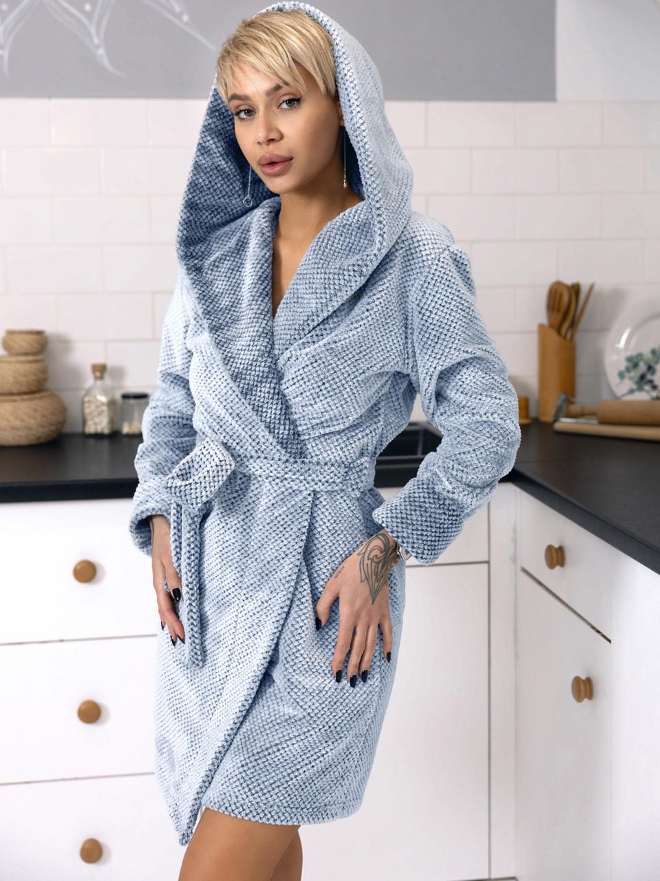 Халат женский Leinle на запах с длинным рукавом и поясом из мягкой текстурной ткани M Синий (1426/90104)