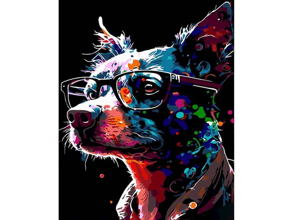 Картина по номерам Strateg Яркий песик в очках на черном фоне 40х50 см (AH1017)