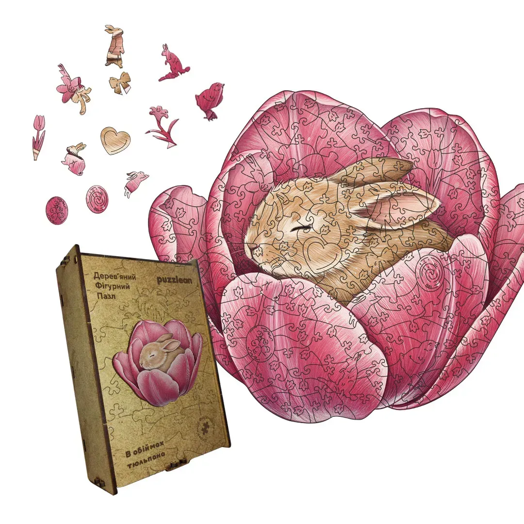 Пазл дерев'яний В обіймах Тюльпана А5 картонна коробка 35 ел. (puzzlean-2023-KART-А5)