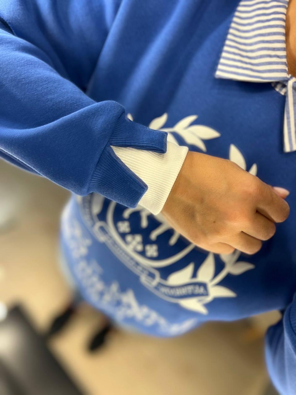 Свитшот женский OLIVIA 2473 с воротником и рисунком спереди утепленный на флисе OS Синий (1185) - фото 4