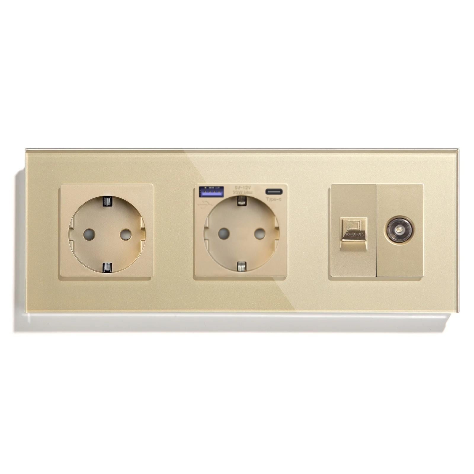 Розетка LUXION с USB 20Вт интернет RJ-45/ТВ выходом с заземлением/шторками 250В 16А стеклянная рамка Золотой (LX-M3FGACCAT6PTY-GD)