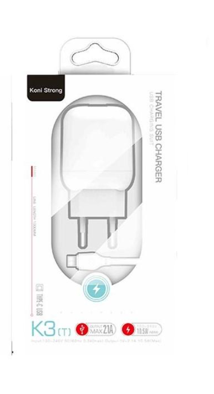 Зарядний пристрій мережевий Koni Strong Type-C cable K3 1хUSB/2.1А/10.5В (584619)