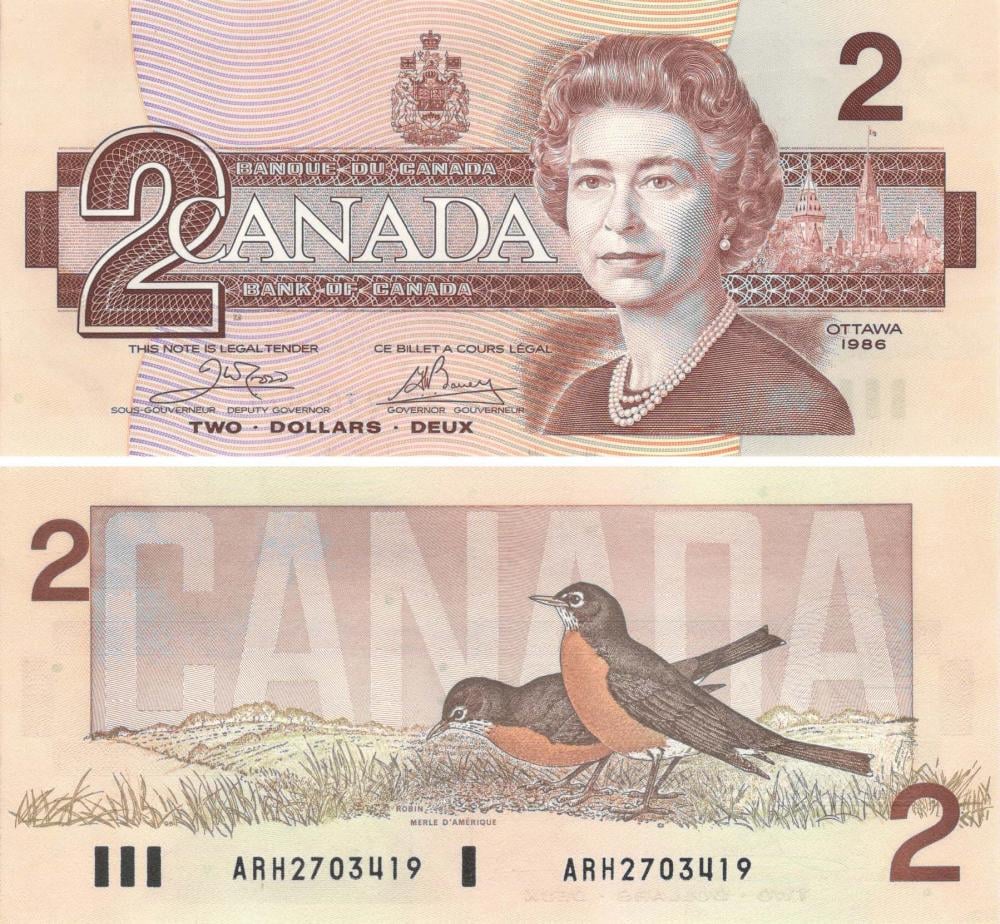 Коллекционная банкнота Канада 2 доллара 1986 UNC P94 (Б06202)