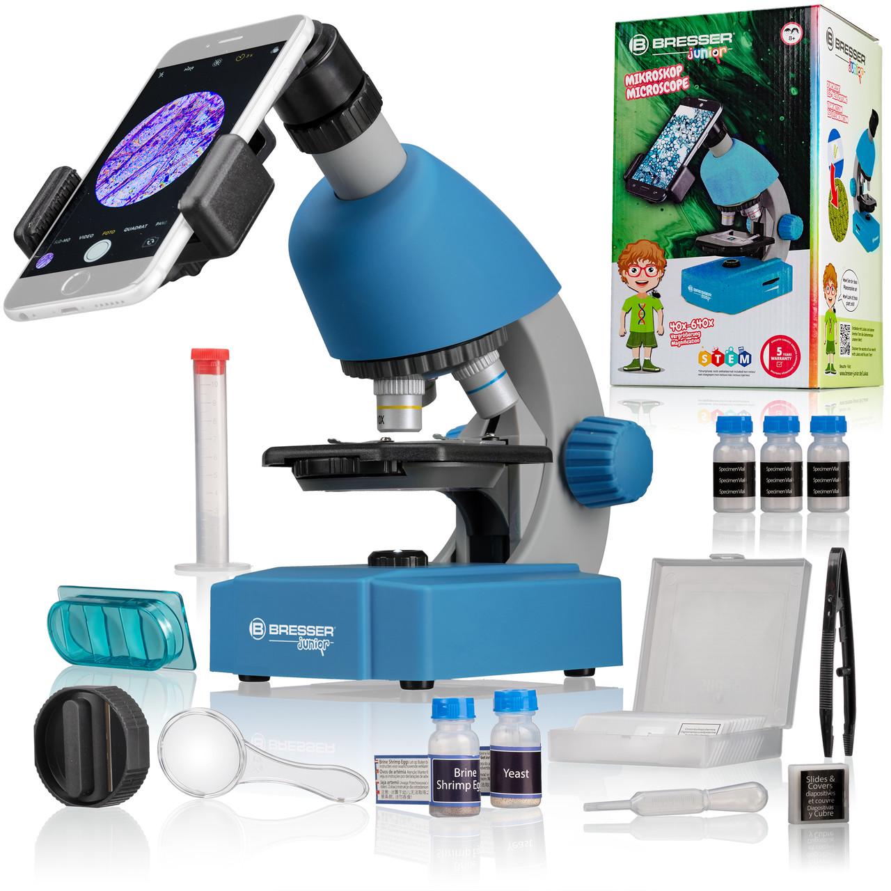 Микроскоп Bresser Junior 40x-640x с набором для опытов и адаптером для смартфона Blue (8851300WXH000)