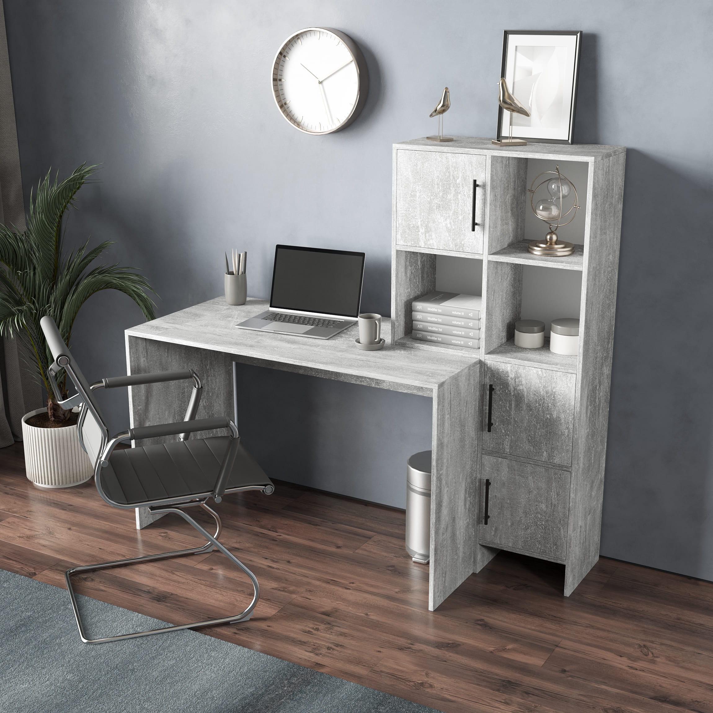 Письменный стол для компьютера со стеллажом с дверками Бетон (380139)