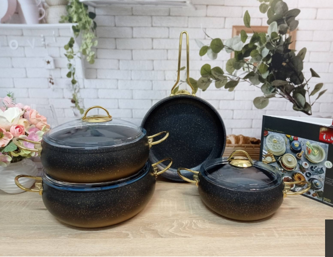 Набір посуду зі сковородою OMS з антипригарним покриттям 7 предметів Чорний/Золотий (3023-gold) - фото 6