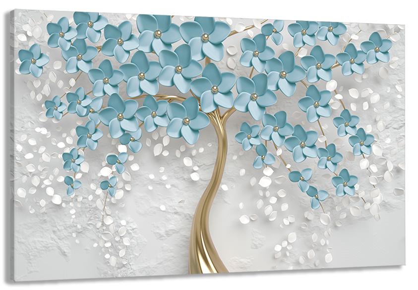 Картина на холсте в гостиную/спальню Дерево Синие цветы 60х100 см (MLP_177)