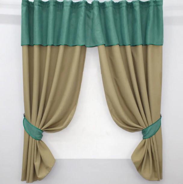 Комплект штор на кухню с ламбрекеном/подвязками 270х170 см Темно-бежевый/Бирюзовый (073к)