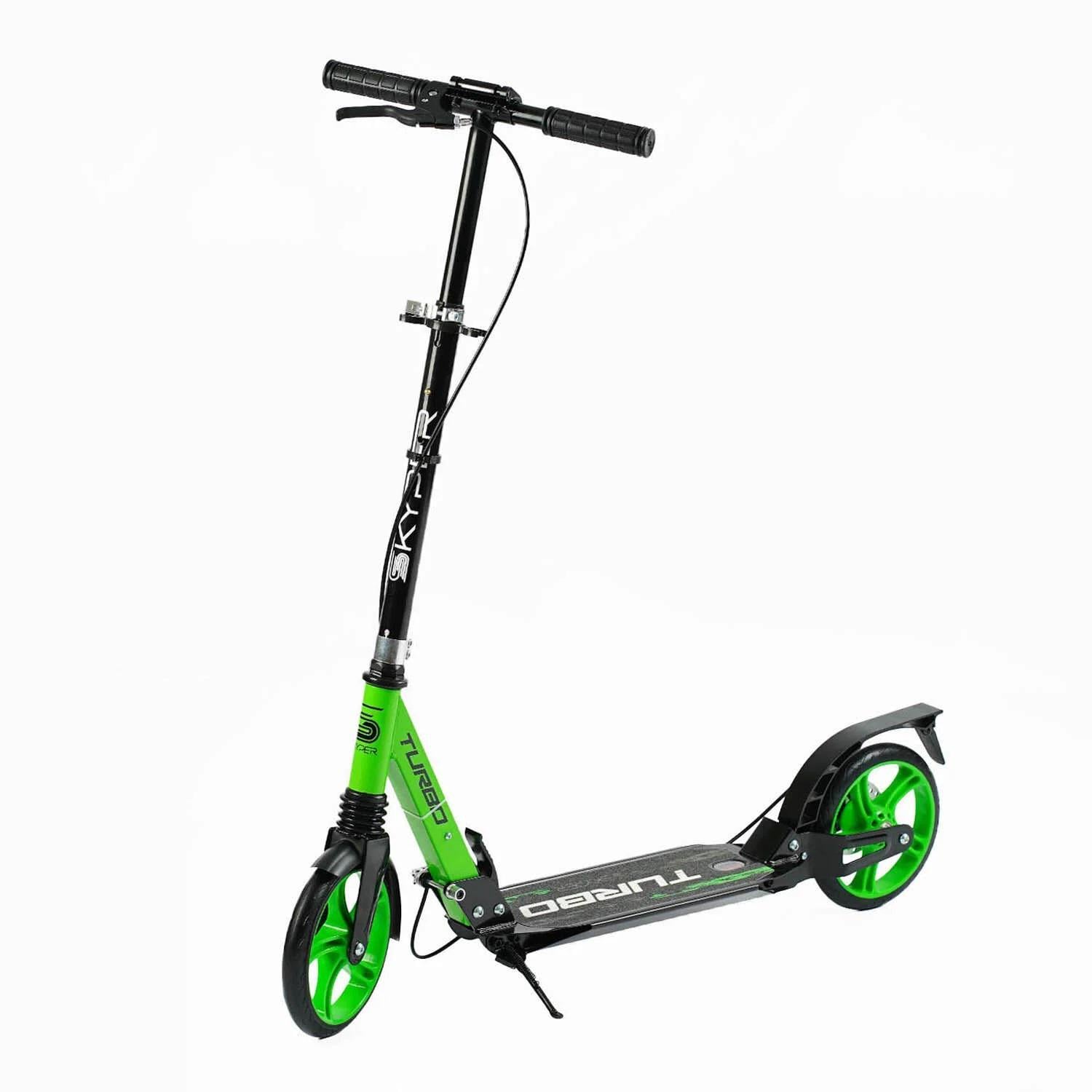 Самокат двухколесный Skyper Turbo колеса PU/стальная рама/ручной дисковый тормоз/2 амортизатора 200 мм Black/Green (146090)