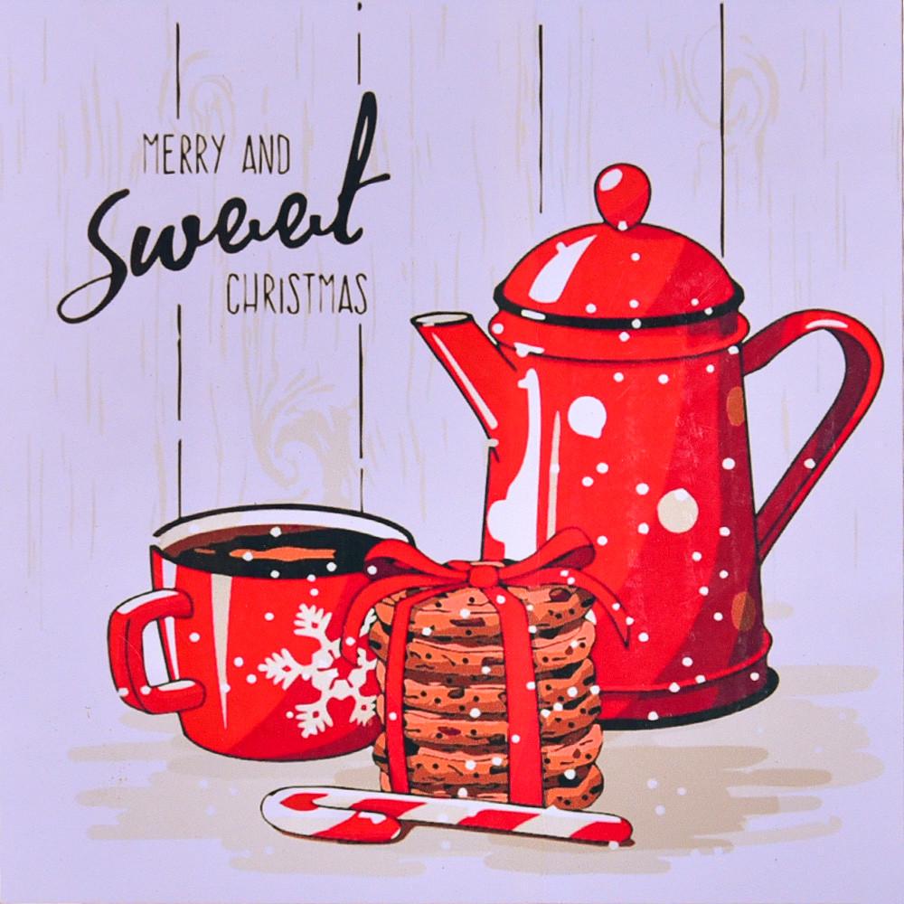 Картина за номерами Strateg Преміум Новорічне чаювання з лаком та з рівнем 40х40 см (SK053)