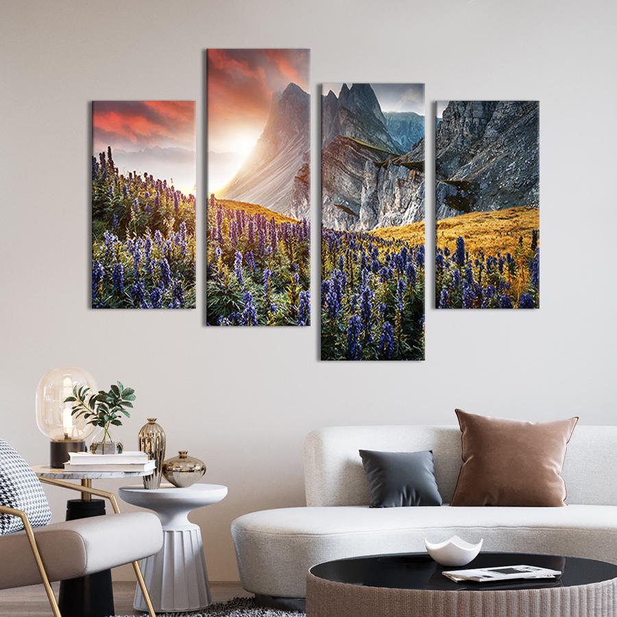 Модульная картина из четырех частей на холсте интерьерная картина Цветущий люпин возле гор 89x56 см (644-42)