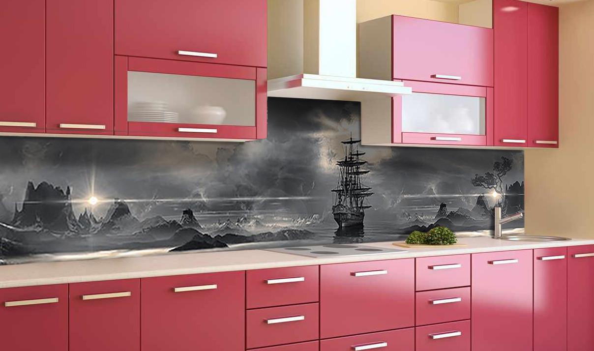 Кухонный фартук Буря в море корабль и пираты из самоклеющейся виниловой пленки 65х250 см Серый