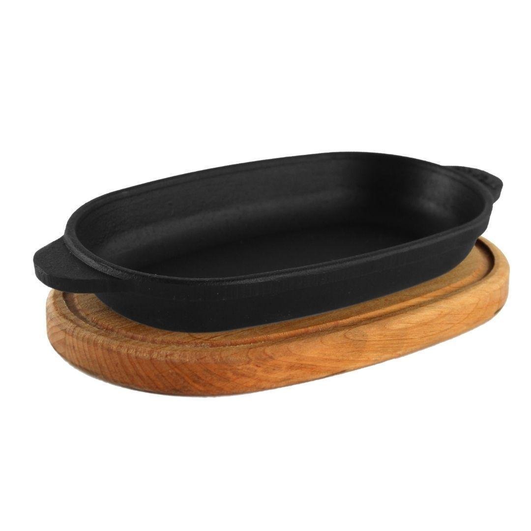 Сковорода чугунная Brizoll H1810-D овальная порционная с ручками и деревянной подставкой 225х113 мм (2661954397)