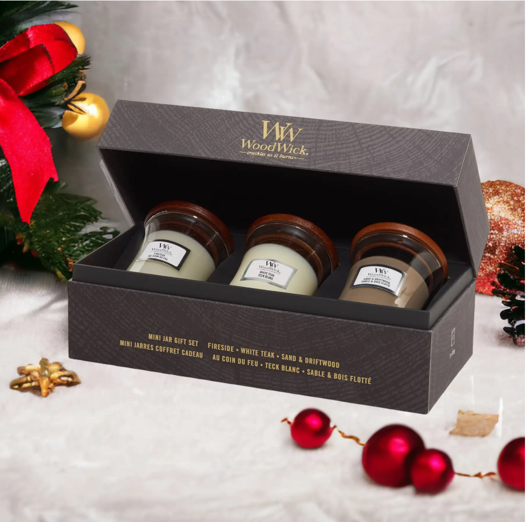 Набор аромасвечей подарочный Woodwick Mini Fireside/White teak/Sand and driftwood (13401775)