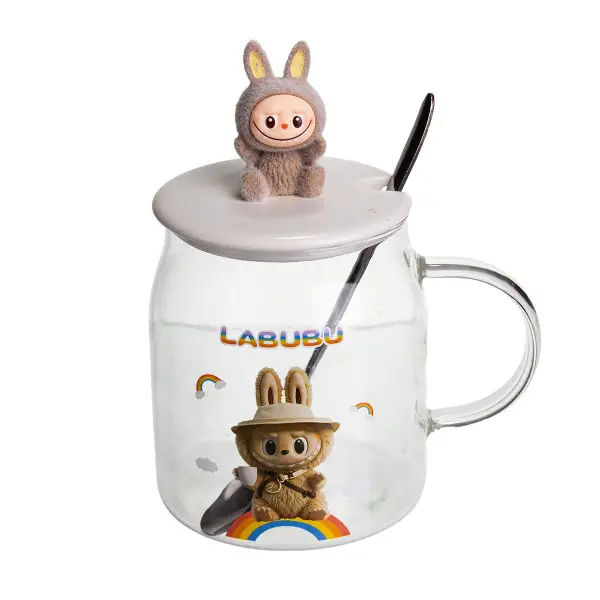Чашка скляна з керамічною кришкою та ложкою Labubu 600 мл Коричневий (b-FM-56C)