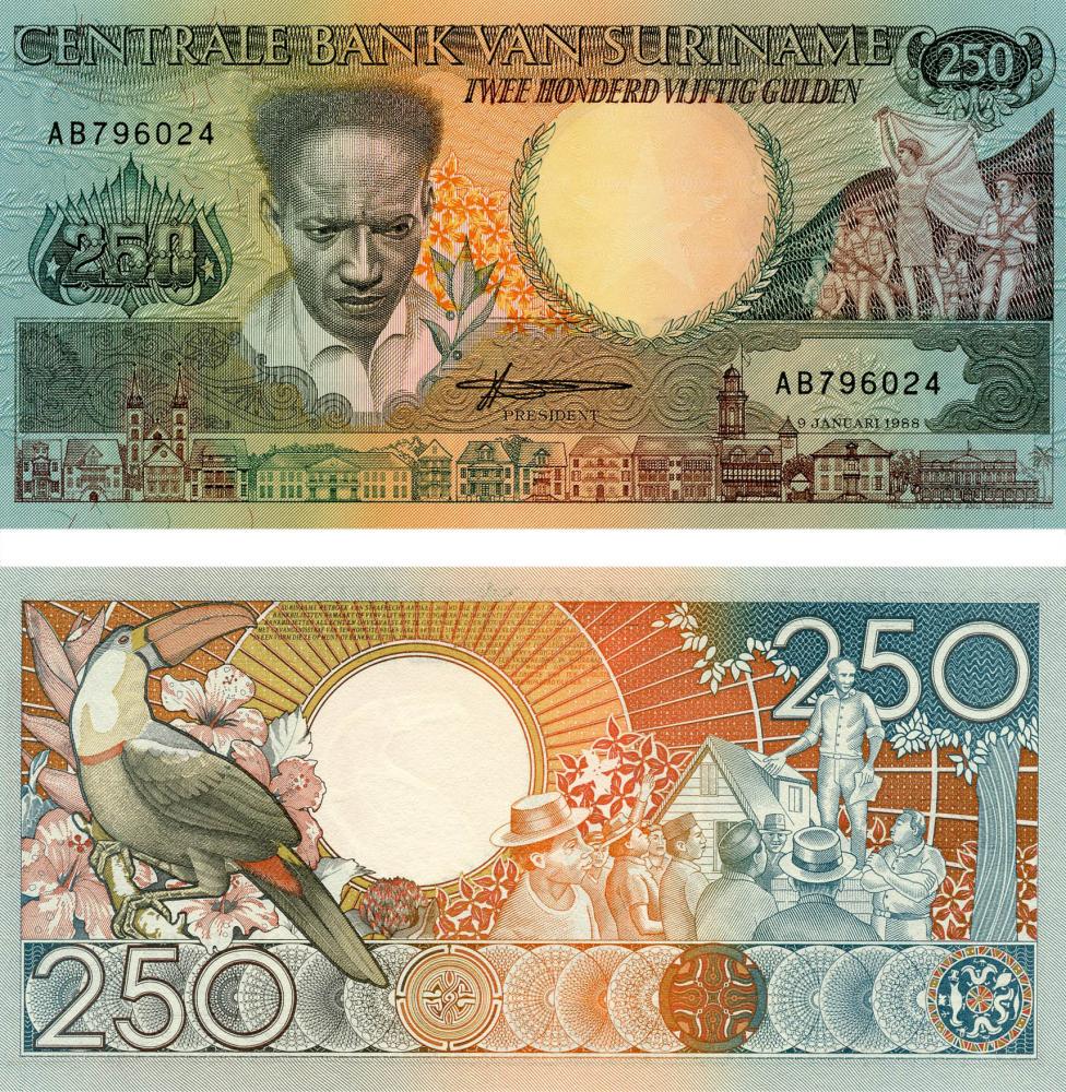 Колекційна банкнота Суринам 250 гульденів 1988 UNC P134 (Б06592)