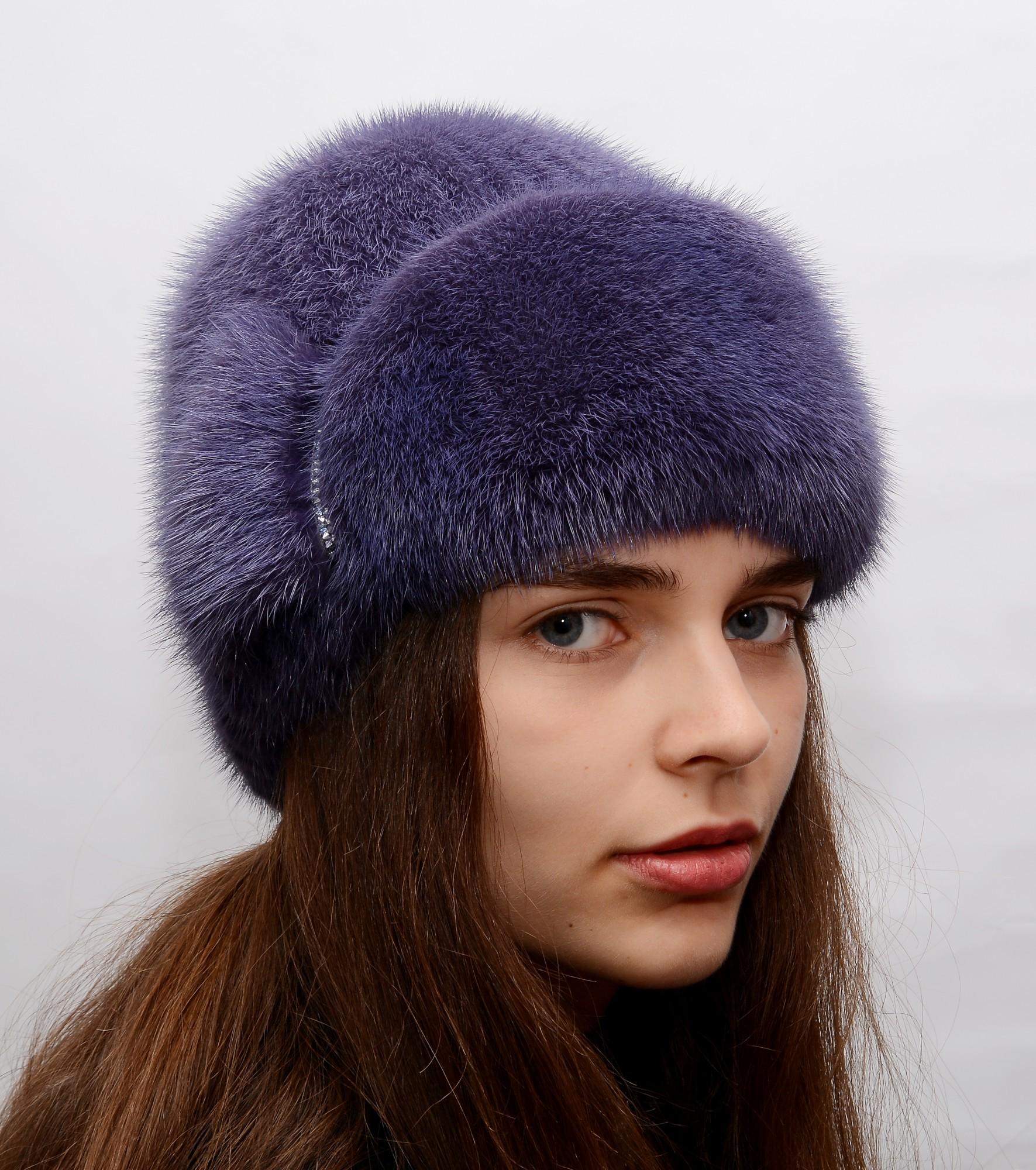 Зимова жіноча шапка Хутряний стиль Лобік із в'язаної натуральної норки Бузок темний (132/L)