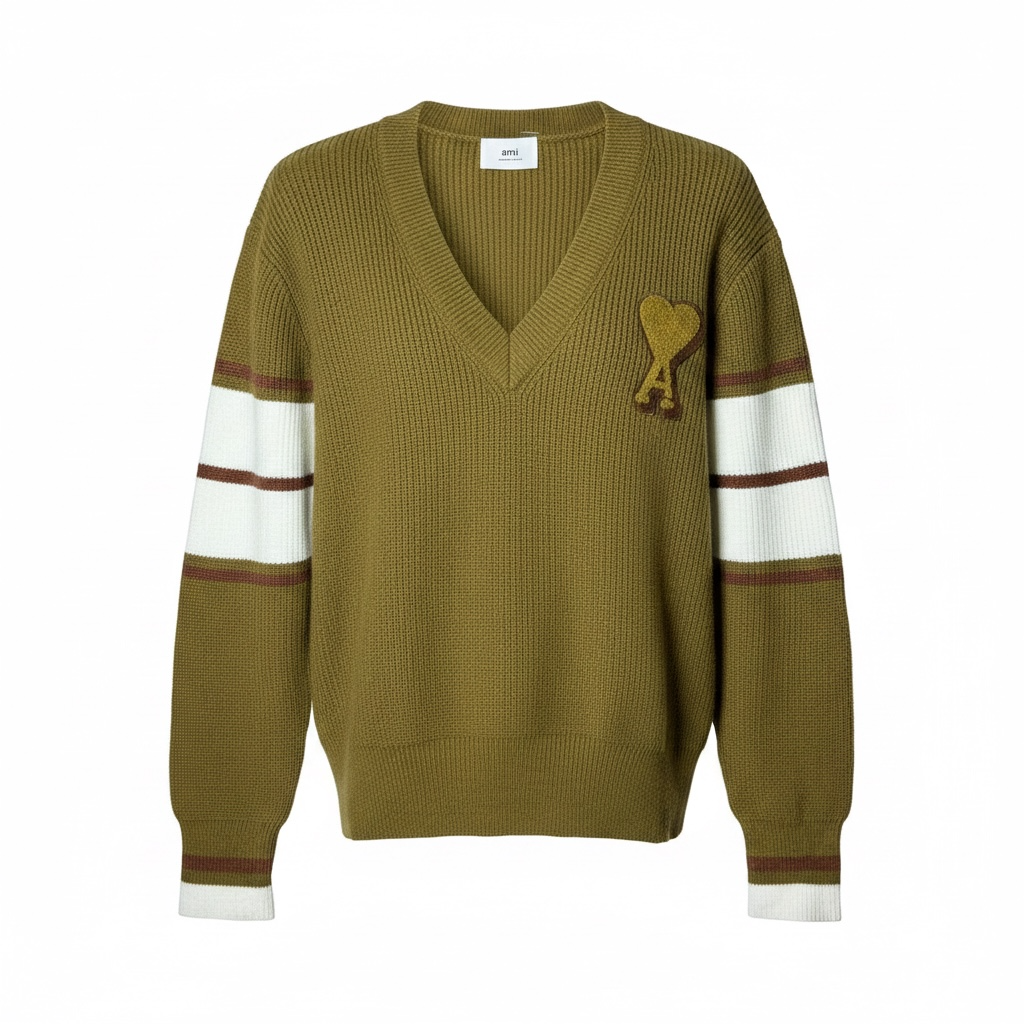 Пуловер мужской AMI Paris V-Neck Heart Logo Striped Knit Sweater L Green Lichen (AP07001.2L) Пуловер мужской AMI Paris V-Neck Heart Logo Striped Knit Sweater L Green Lichen (AP07001.2L)