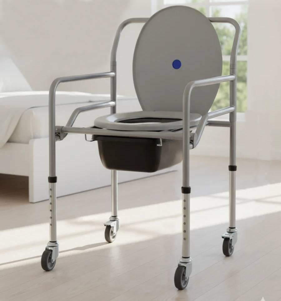 Туалетный стул на колесах с тормозами регулируемый складной с ведром и крышкой (8713900087659)
