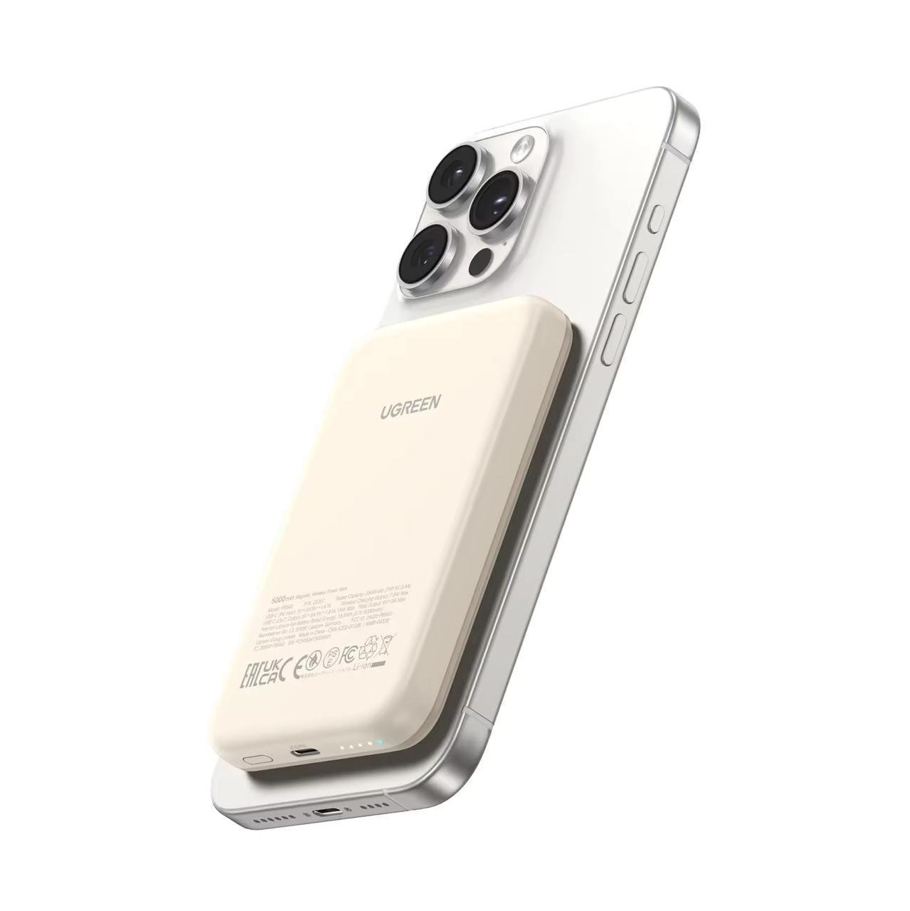 Повербанк магнитный Magsafe Ugreen PB560 5000 mAh 15 Вт с беспроводной зарядкой для iPhone Бежевый (26389506) - фото 11