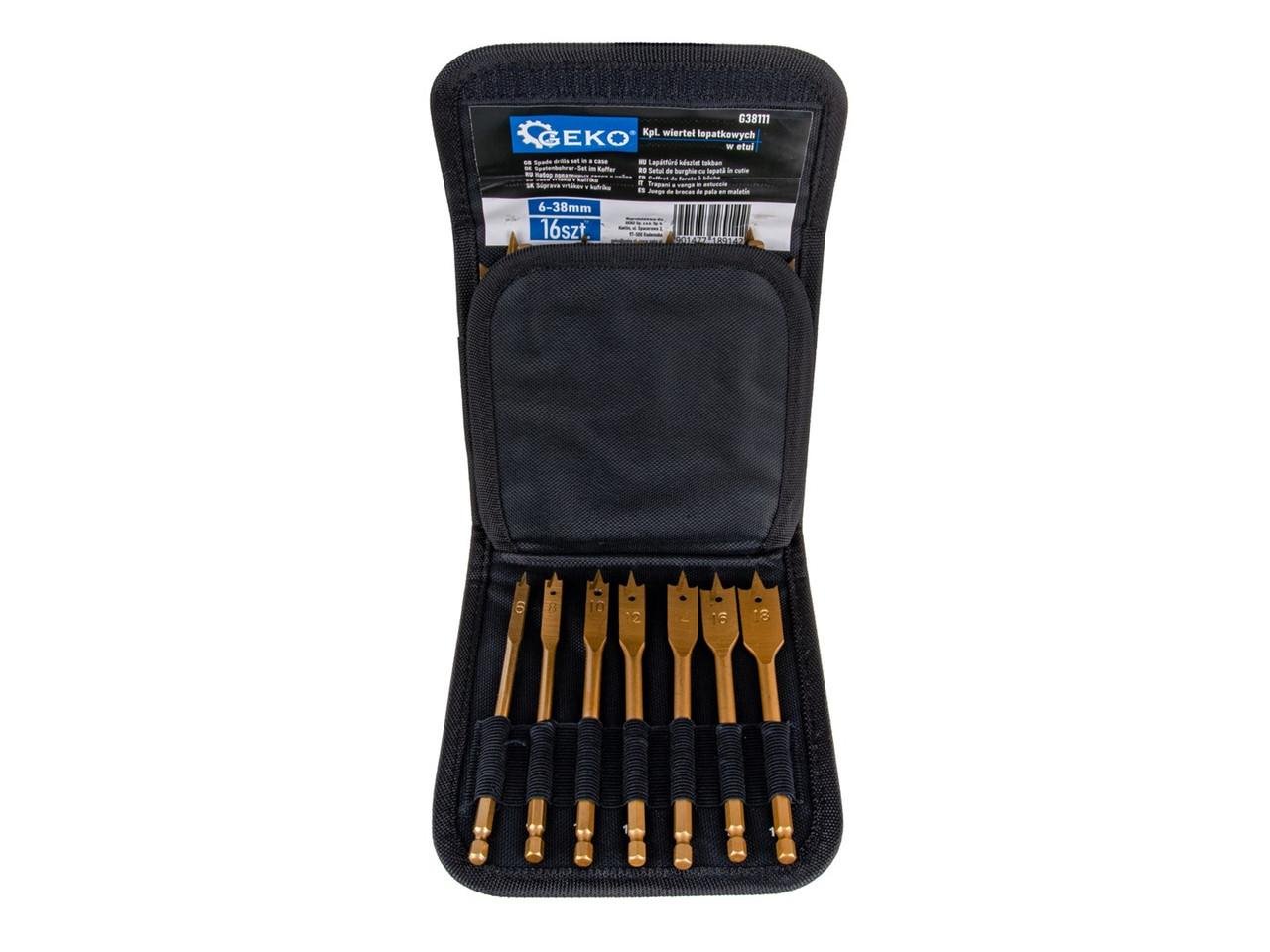 Набір свердл перових GeKo з хвостовиком для шуруповерта Hex E6.3 1/4 6-38 мм в кейсі 16 шт. (2376312065) - фото 3 Набір свердл перових GeKo з хвостовиком для шуруповерта Hex E6.3 1/4 6-38 мм в кейсі 16 шт. (2376312065) - фото 3
