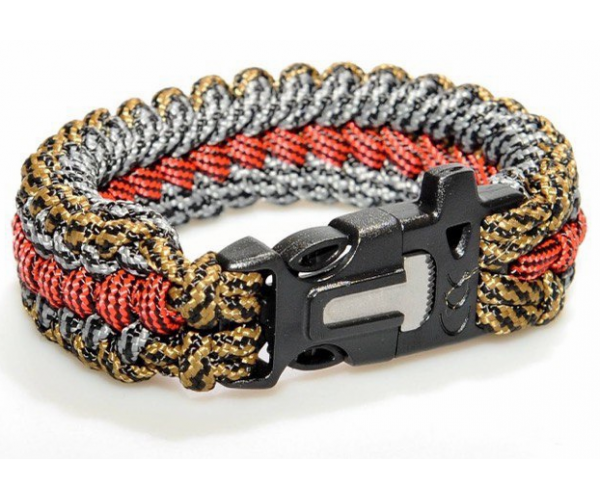 Браслет выживания Safety со свистком и огнивом Красно-бежево-серый (8795)