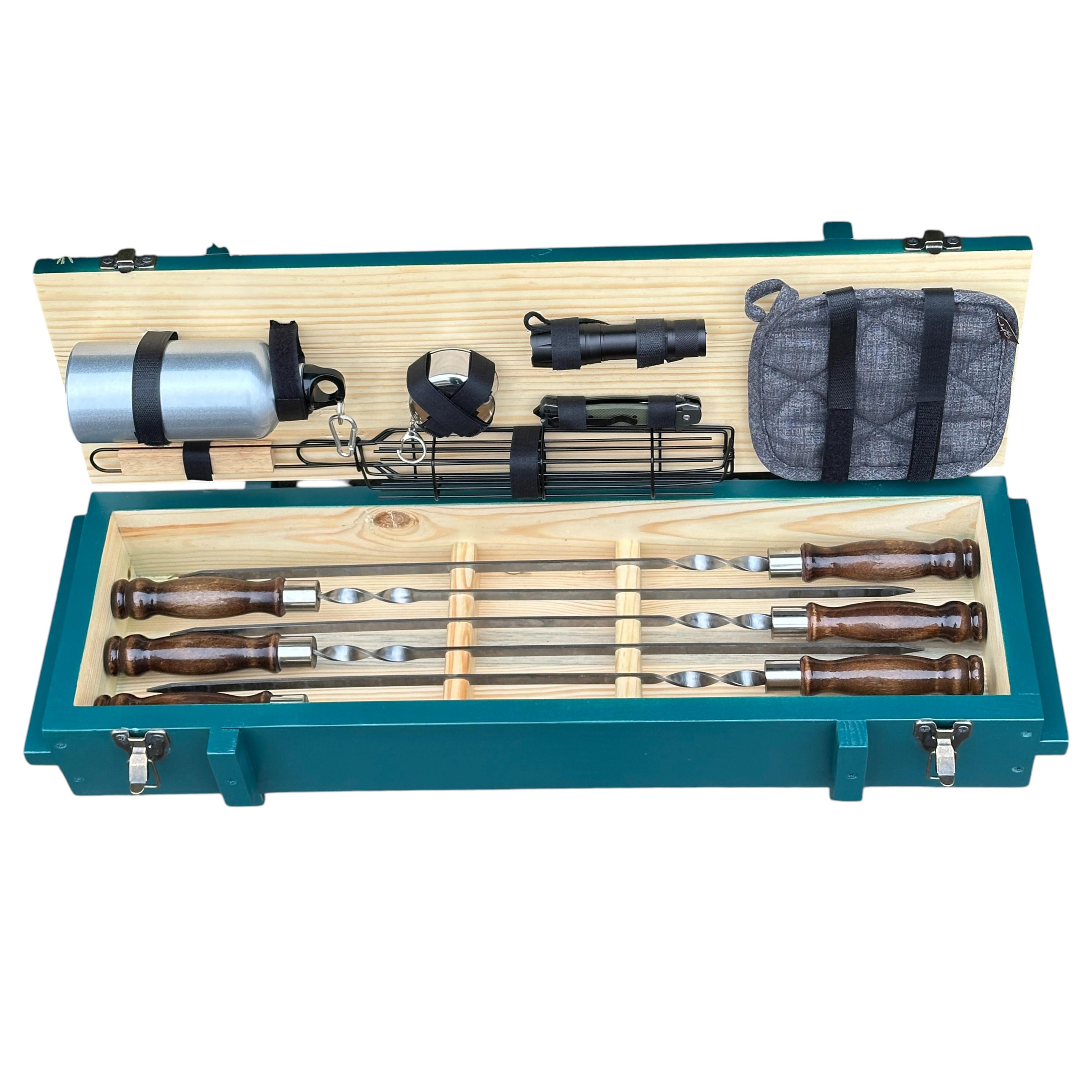 Набір шампурів та аксесуарів Mzavod Штурм із нержавіючої сталі в дерев’яному кейсі 740x250x200 мм 12 пр. Бірюзовий (136-17-1191910000187) - фото 2 Набір шампурів та аксесуарів Mzavod Штурм із нержавіючої сталі в дерев’яному кейсі 740x250x200 мм 12 пр. Бірюзовий (136-17-1191910000187) - фото 2