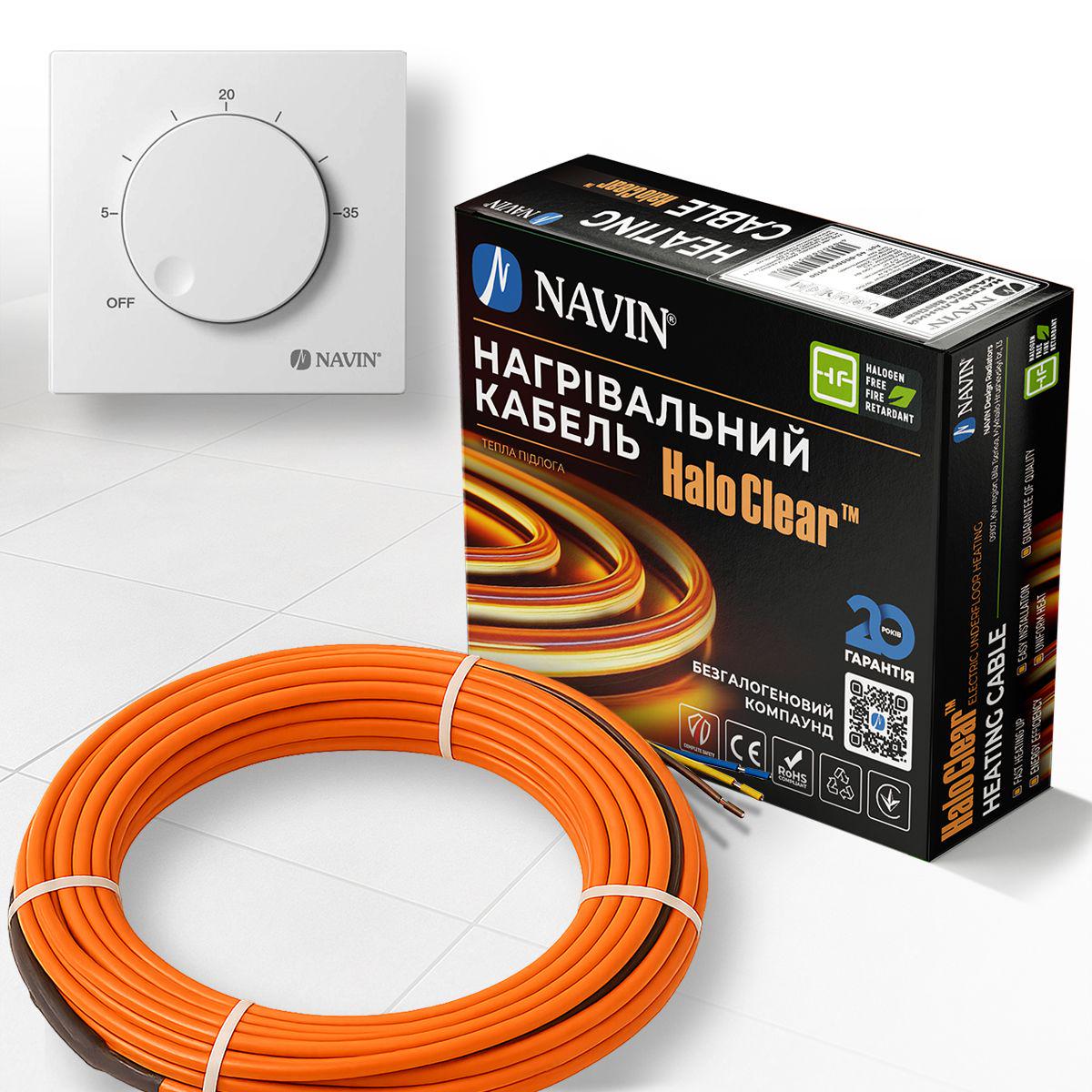 Комплект теплої підлоги NAVIN HaloClear Basic 600 Вт/3,6-4,0м2 34,4 м нагрівальний кабель та терморегулятор NAVIN EH84WM-16A Білий матовий
