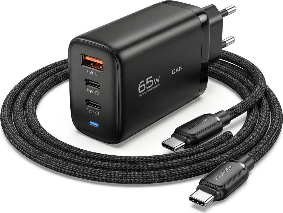 Зарядное устройство для ESSAGER JT-TP65C2U 65W/Кабель TD01 100W E-marker 480Mbps Type-C-Type-C Black (43744)