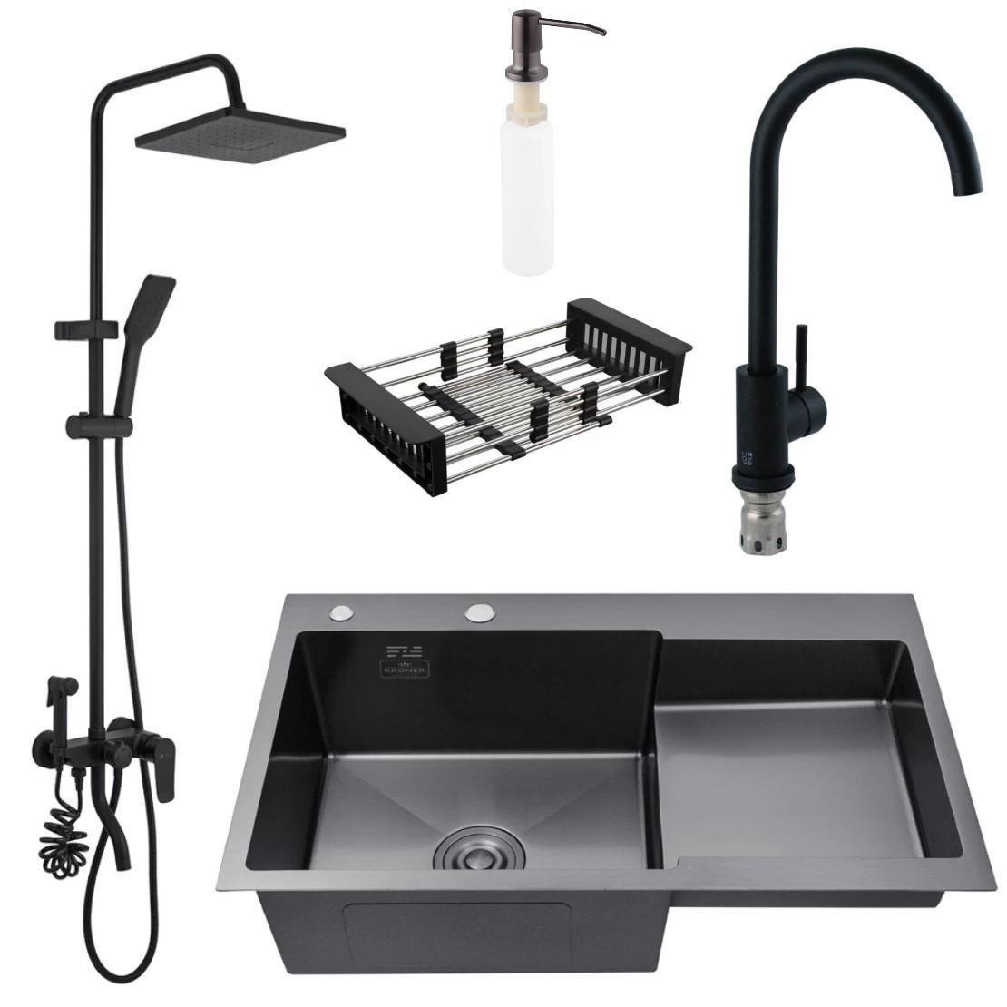Мийка кухонна Kroner 7848LHM ліва/душова система Agua Acero-AVION 06426NM та змішувач для кухні Чорний