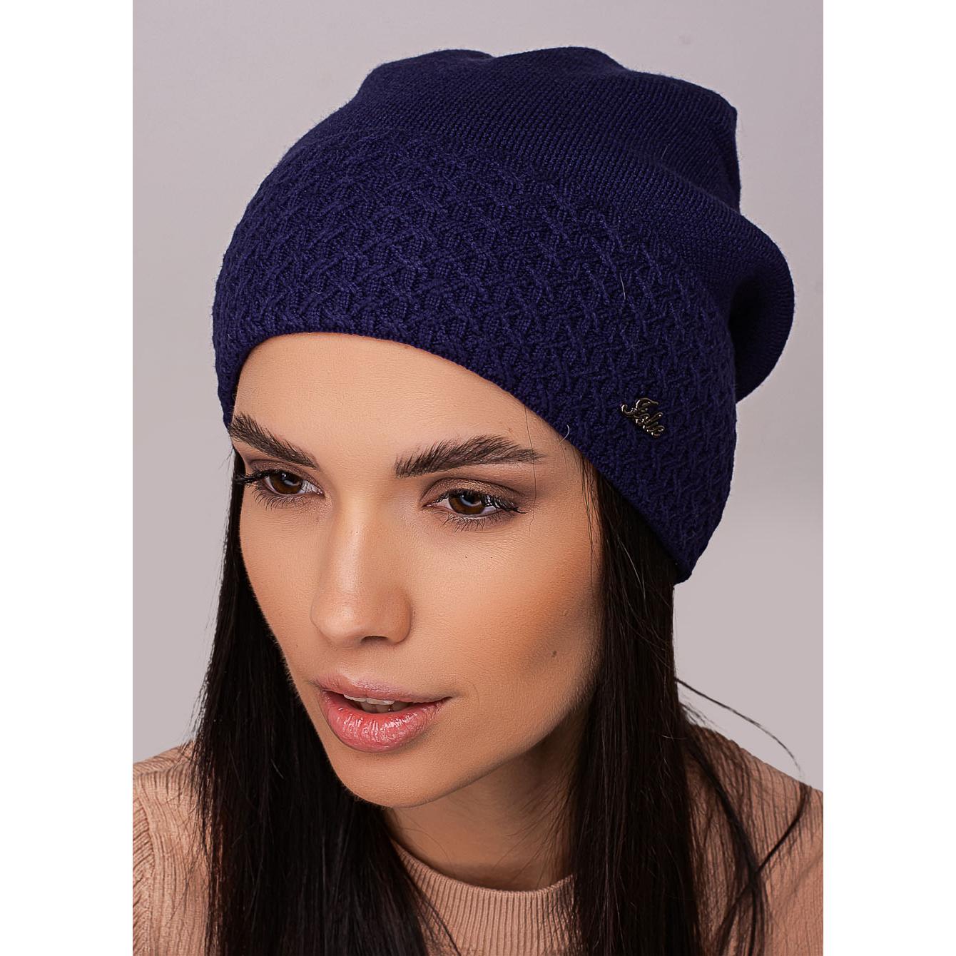 Шапка жіноча Leks ПОЕЗІЯ шерстяна утеплена флісом з візерунком на відвороті ззаді зчіплена one size Синій (271951) - фото 1