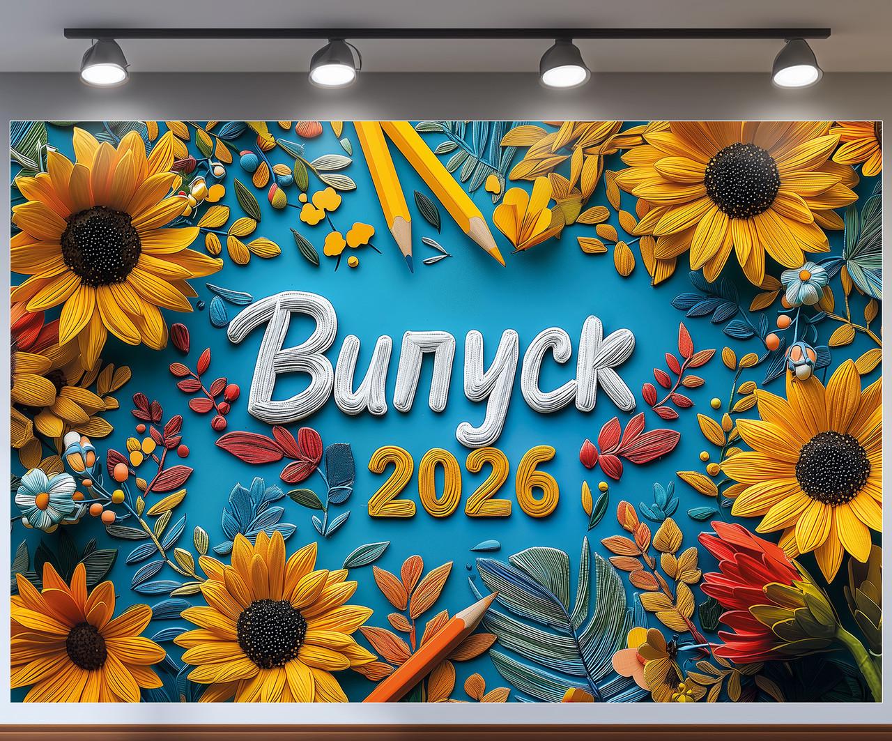 Баннер для фотозоны "Випуск 2026" объемные подсолнечники и осенние листья на ярком синем фоне 300x200 см №41325