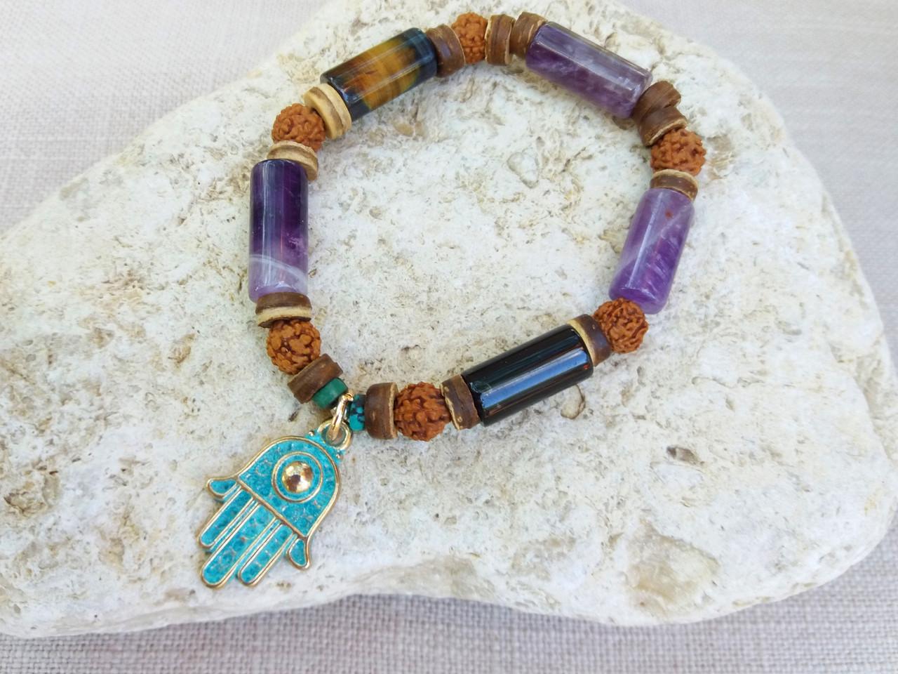 Браслет из Аметиста/Соколиного глаза/Рудракши с подвеской Хамса (1617701339) Браслет из Аметиста/Соколиного глаза/Рудракши с подвеской Хамса (1617701339)