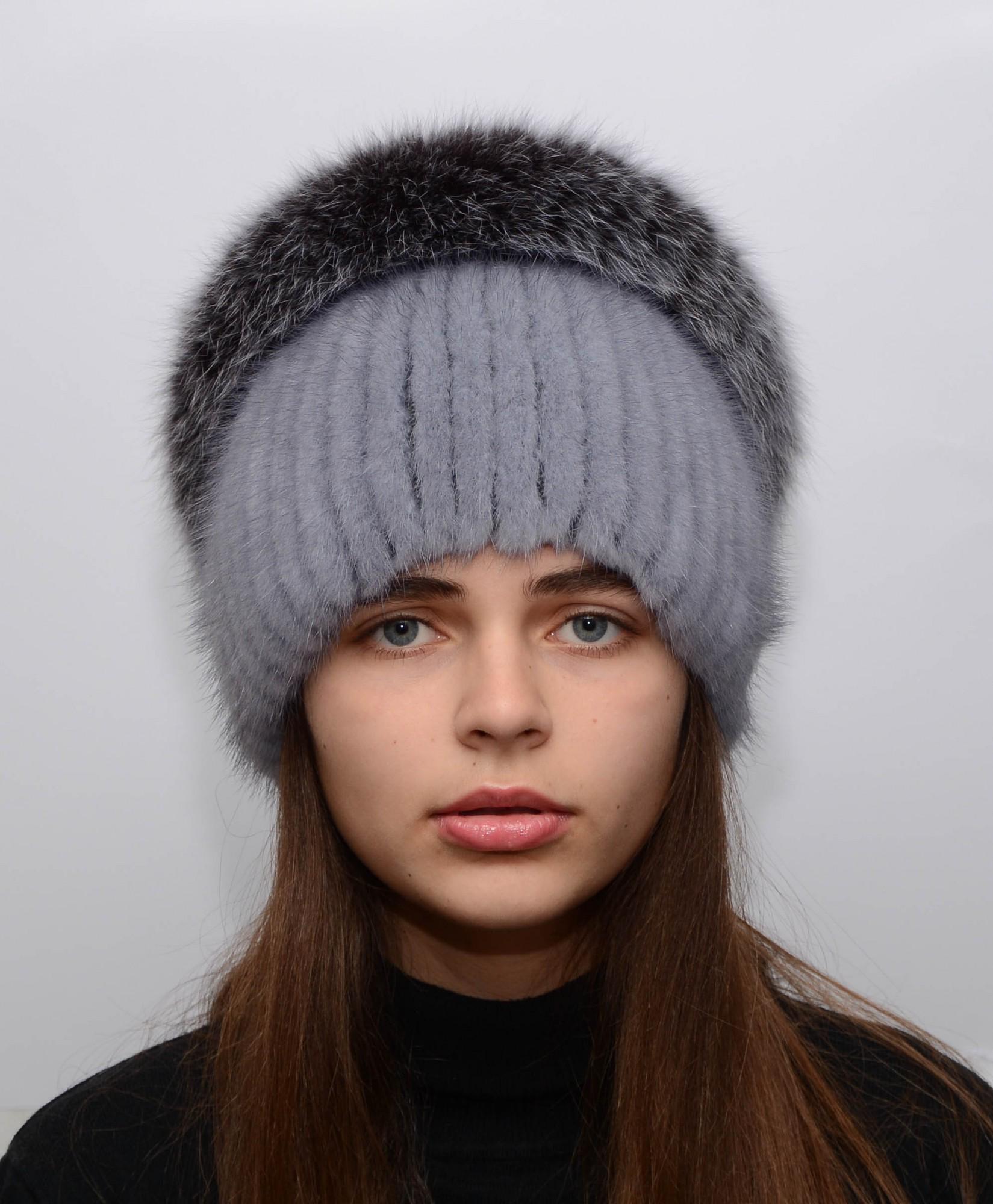 Женская вязаная норковая шапка Меховой стиль Калач натуральный мех Сапфир (122/G)