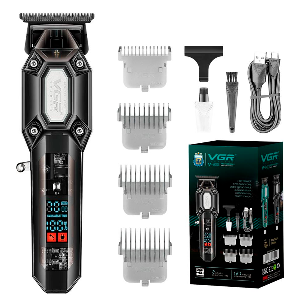 Триммер аккумуляторный VGR 4 насадки/7000 RPM/700mAh/LED дисплей Black (V-900)