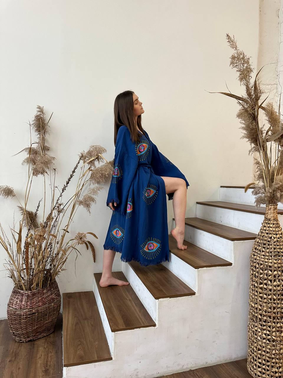 Халат-кимоно женский one size Синий - фото 5 Халат-кимоно женский one size Синий - фото 5