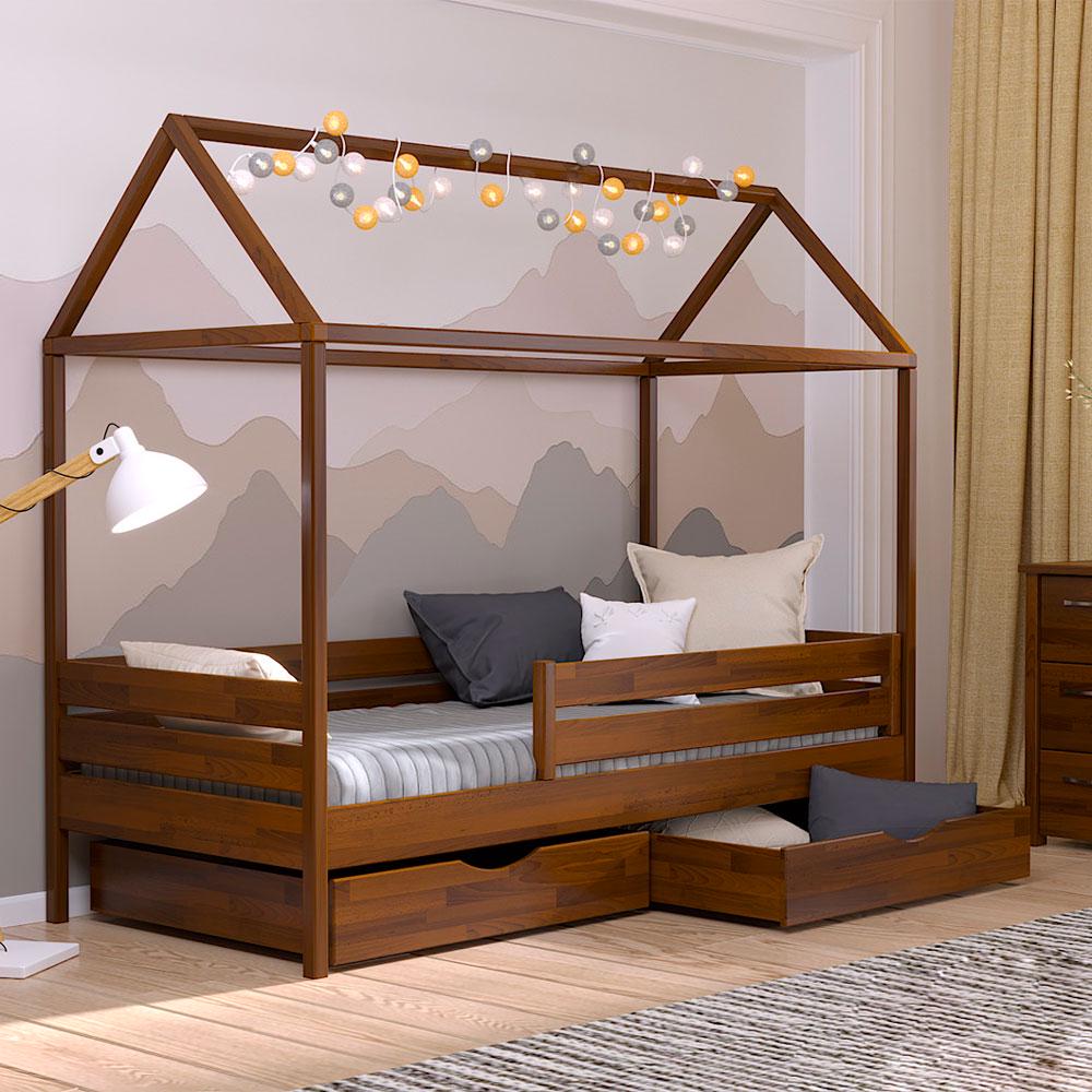 Кровать деревянная детская АММИ с ящиками и защитным бортиком 190х80 см Орех светлый