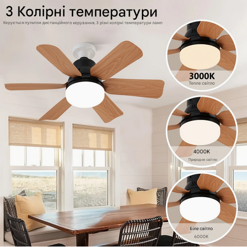 Потолочный вентилятор со светом 2в1 6 лопастями под дерево 30 Вт (SAM-1) - фото 6