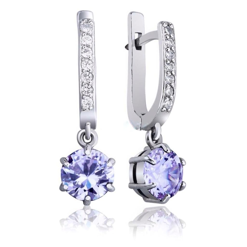 Серьги серебряные с подвеской с сиреневыми камнями 925 проба родованное 72258л 3,62г (2959117258)