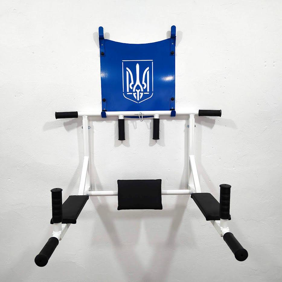 Турник-брусья SAB настенный разборной с резиновыми ручками/рамкой с гербом и адаптивной спинкой для пресса разборной Белый/Синий (0079) - фото 4