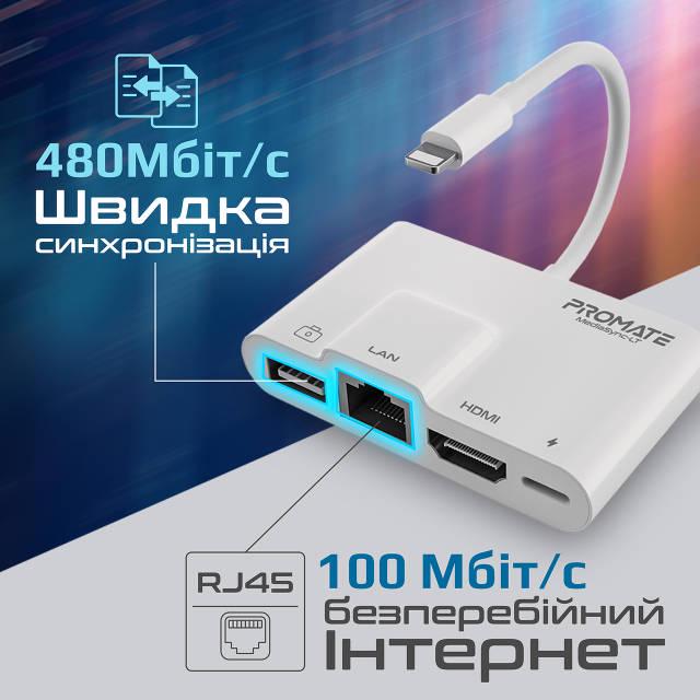 Адаптер Promate MediaSync-LT Lightning to USB 3.0 OTG/RJ45/HDMI/10Вт Lightning-in White - фото 4