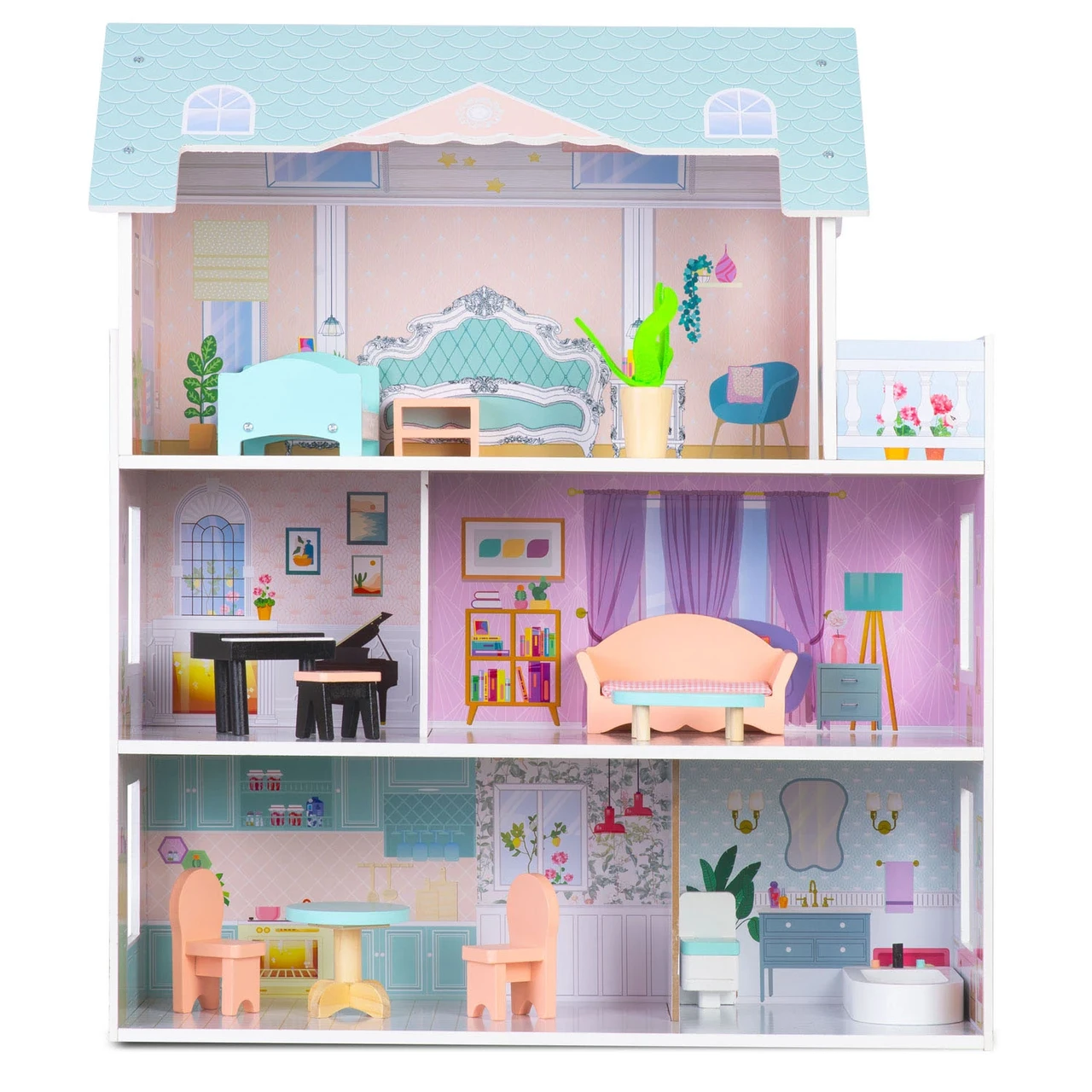 Домик кукольный большой многоэтажный деревянный Ricokids с мебелью и аксессуарами для девочки 3+ лет 70 см - фото 3 Домик кукольный большой многоэтажный деревянный Ricokids с мебелью и аксессуарами для девочки 3+ лет 70 см - фото 3
