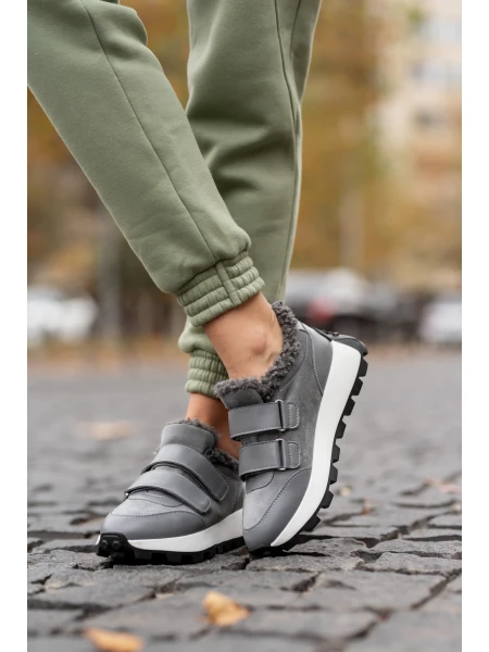 Кроссовки женские кожаные с замшевыми вставками на меху р. 41 26,5 см Серый - фото 5