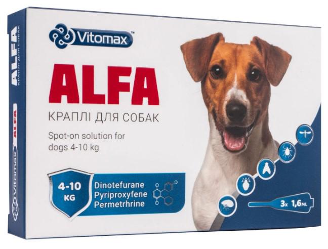 Краплі на холку Vitomax Alfa від бліх та кліщів для собак вагою 4-10 кг 3 піпетки (00-00018548)