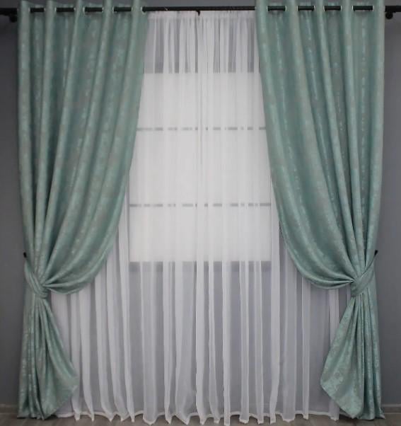 Комплект штор на люверсах SULTAN ХО жаккард 1,5 х2,5 м 2 шт. Бірюзовий/Сірий (1148ш) - фото 1