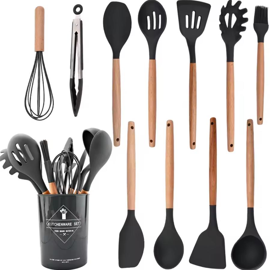 Набір кухонного приладдя в високій чаші Terren Kitchenware Set 12 шт. Чорний (27557554)