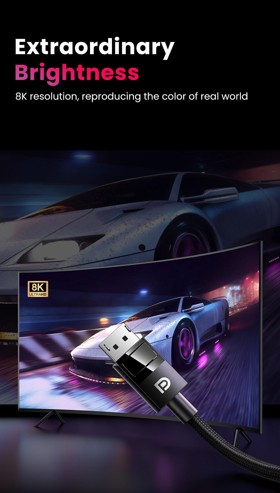 Кабель UGREEN DisplayPort 1.4 8K 60Hz 4K 144Hz 2K 165Hz 1080p 240Hz 32.4 Гбіт/с DP Dynamic HDR G-Sync Free Sync 3D 2 м Чорний (80392) - фото 16