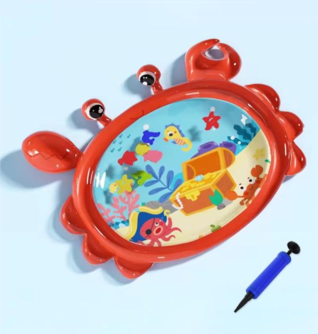 Коврик водяной детский Краб развивающий надувной с рыбками и насосом 85х110 см Красный