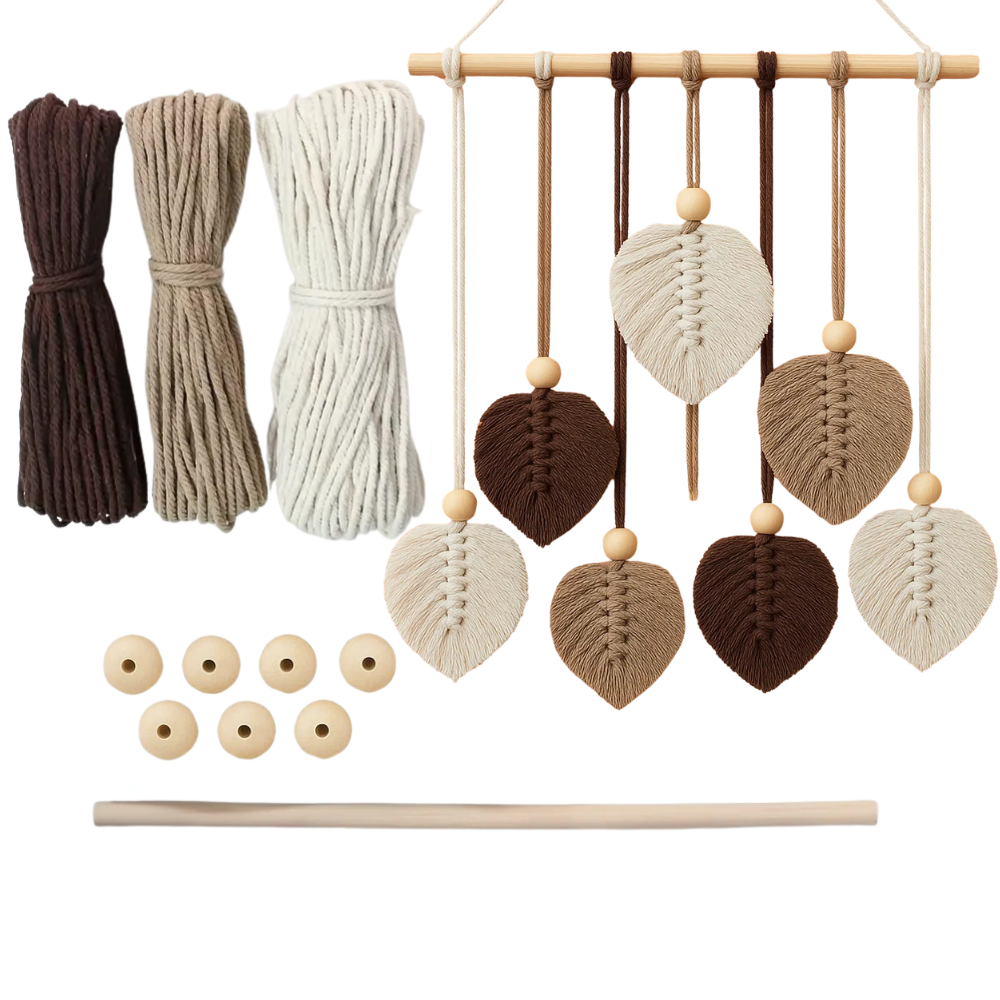 Набор макраме Листья для рукоделия и ручного вязания гобелена настенного декора 37х30 см Бежево-коричневый