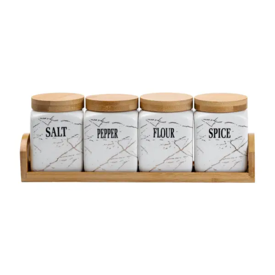 Набор банок для сыпучих продуктов с бамбуковой крышкой 4 шт. по 300 мл Набор банок для сыпучих продуктов с бамбуковой крышкой 4 шт. по 300 мл